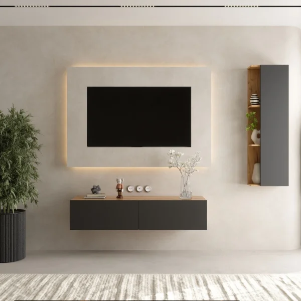 TV Wohnwand Set 140 cm TV Board mit Seiteschrank Gold Eiche / Anthrazit