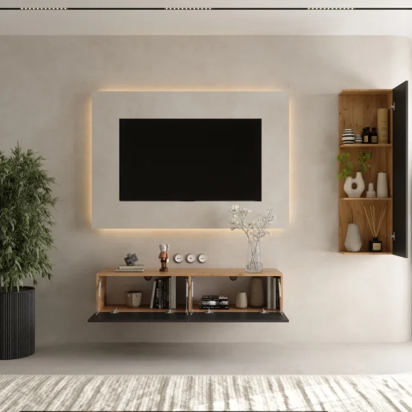 TV Wohnwand Set 140 cm TV Board mit Seiteschrank Gold Eiche / Anthrazit