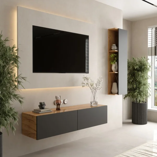 TV Wohnwand Set 140 cm TV Board mit Seiteschrank Gold Eiche / Anthrazit