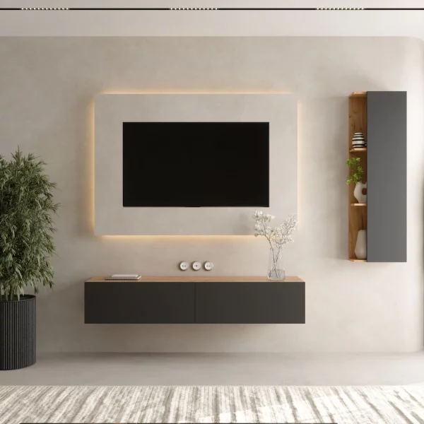 TV Wohnwand Set 160 cm TV Board mit Seiteschrank Gold Eiche / Anthrazit