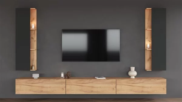 TV Wohnwand Set 160 cm TV Board mit Seiteschrank Gold Eiche / Anthrazit