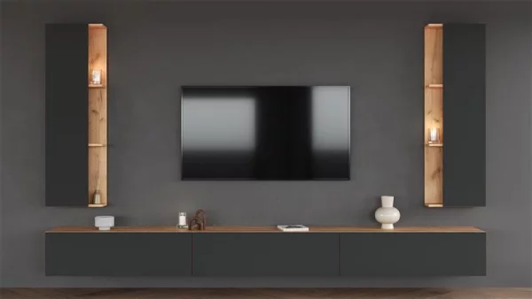 TV Wohnwand Set 160 cm TV Board mit Seiteschrank Gold Eiche / Anthrazit