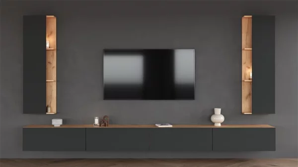 TV Wohnwand Set 160 cm TV Board mit Seiteschrank Gold Eiche / Anthrazit