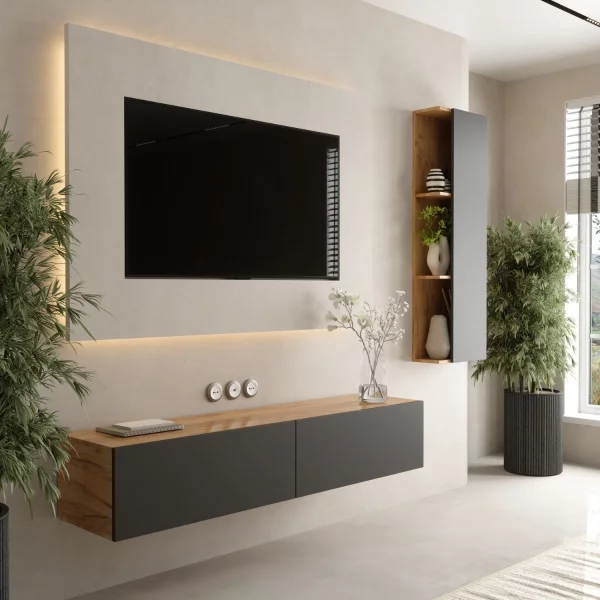 TV Wohnwand Set 160 cm TV Board mit Seiteschrank Gold Eiche / Anthrazit