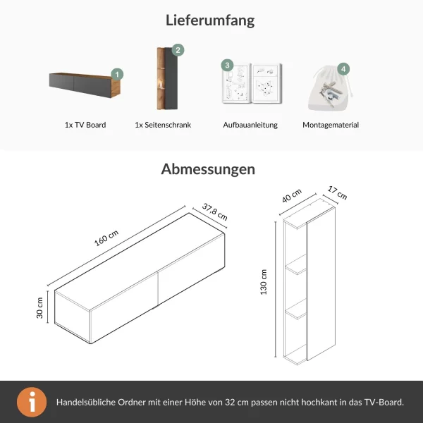 TV Wohnwand Set 160 cm TV Board mit Seiteschrank Gold Eiche / Anthrazit