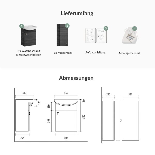 Sink base cabinet 45 cm with midi cabinet 32 cm (anthracite)