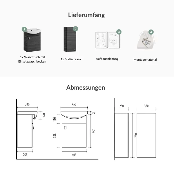 Waschtischunterschrank 45 cm mit Midischrank 32 cm (Anthrazit)