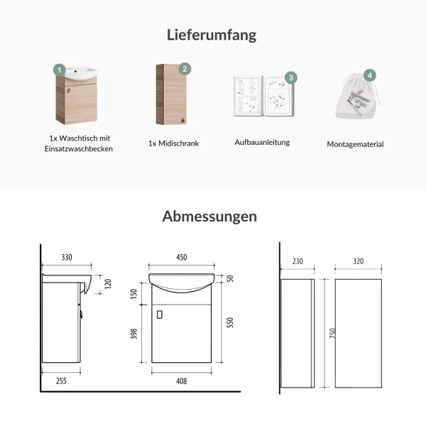 Meuble sous-vasque de 45 cm avec meuble intermédiaire de 32 cm (chêne Sonoma)