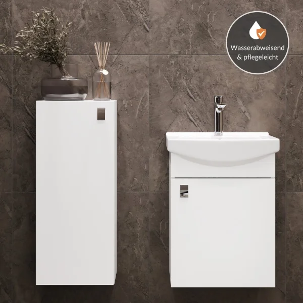 Waschtischunterschrank 45 cm mit Midischrank 32 cm (Weiß)