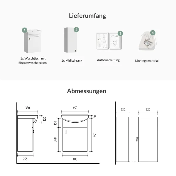 Waschtischunterschrank 45 cm mit Midischrank 32 cm (Weiß)