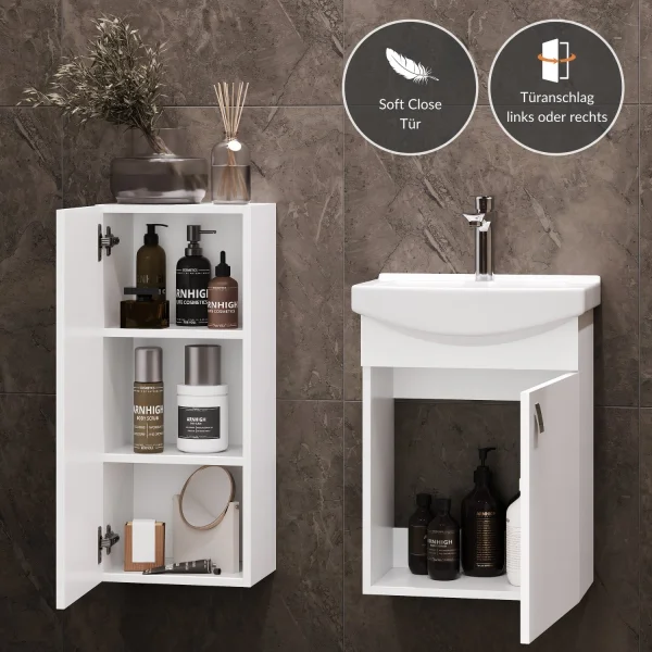 Waschtischunterschrank 45 cm mit Midischrank 32 cm (Weiß)
