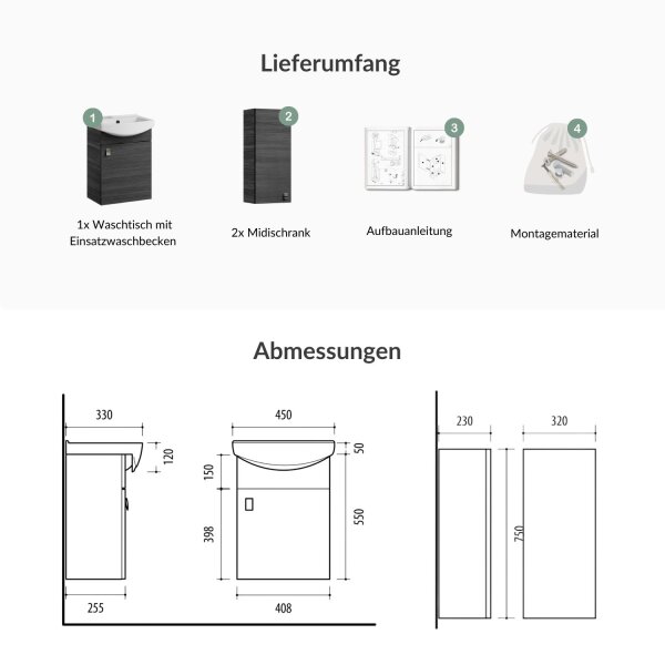 Waschtischunterschrank 45 cm mit 2x Midischrank 32 cm (Anthrazit)