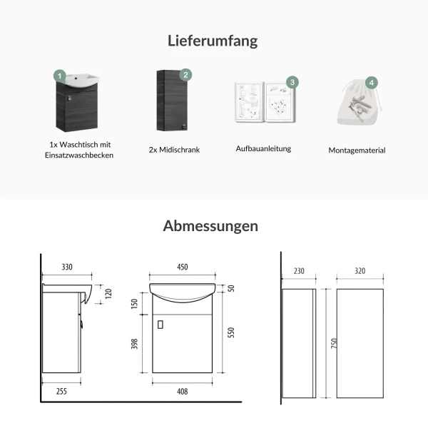 Meuble sous-lavabo de 45 cm avec 2 meubles de rangement de 32 cm (anthracite)