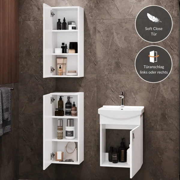 Waschtischunterschrank 45 cm mit 2x Midischrank 32 cm (Weiß)