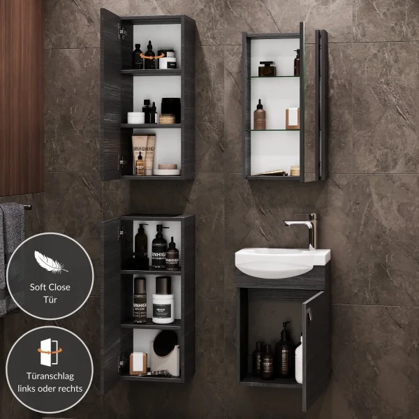 Waschtisch 40 cm mit Spiegelschrank und 2x Midischrank - anthrazit