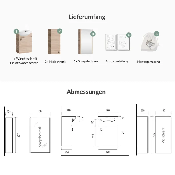 Meuble sous-vasque de 40 cm avec armoire de toilette et 2 armoires « midi » de 32 cm, en chêne Sonoma