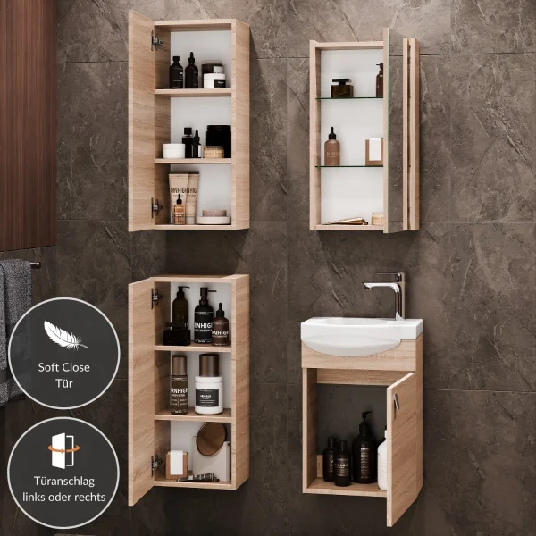 Meuble sous-vasque de 40 cm avec armoire de toilette et 2 armoires « midi » de 32 cm, en chêne Sonoma