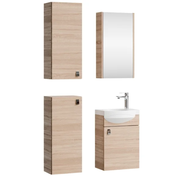 Meuble sous-vasque de 40 cm avec armoire de toilette et 2 armoires « midi » de 32 cm, en chêne Sonoma