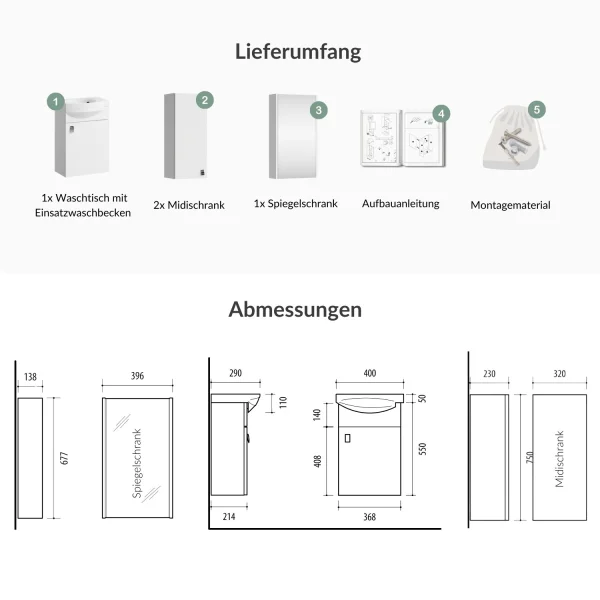 Waschtischunterschrank 40 cm mit Spiegelschrank und 2x Midischrank 32 cm weiß