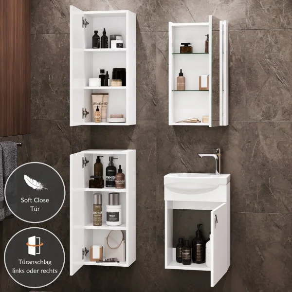 Waschtischunterschrank 40 cm mit Spiegelschrank und 2x Midischrank 32 cm weiß