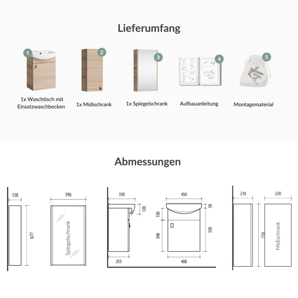Meuble sous-lavabo de 45 cm avec armoire de toilette et meuble dappoint de 32 cm (chêne Sonoma)