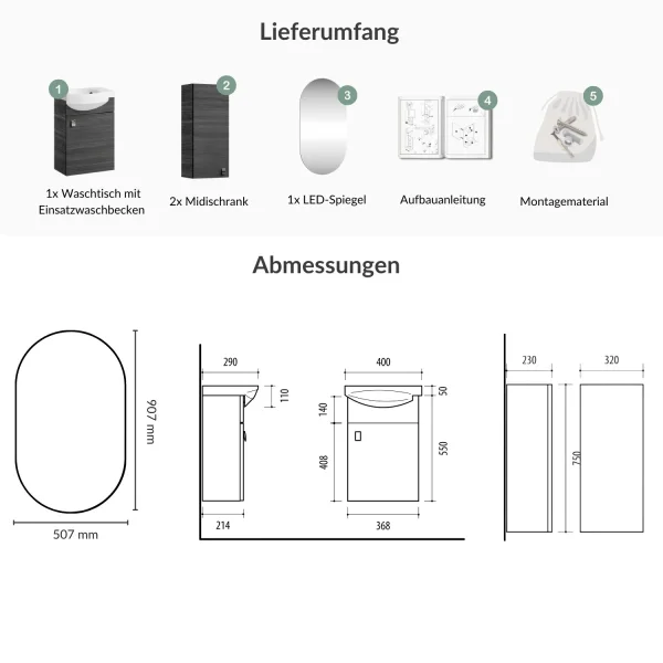 Ensemble de meubles de salle de bains comprenant un meuble-lavabo de 40 cm, un miroir de salle de bains avec éclairage et 2 armoires midi, anthracite