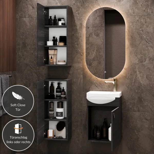 Ensemble de meubles de salle de bains comprenant un meuble-lavabo de 40 cm, un miroir de salle de bains avec éclairage et 2 armoires midi, anthracite