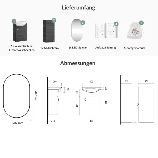 Bathroom Furniture Set: 40 cm Vanity with Lighted Mirror and 1 Mid-Sized Cabinet, Anthracite