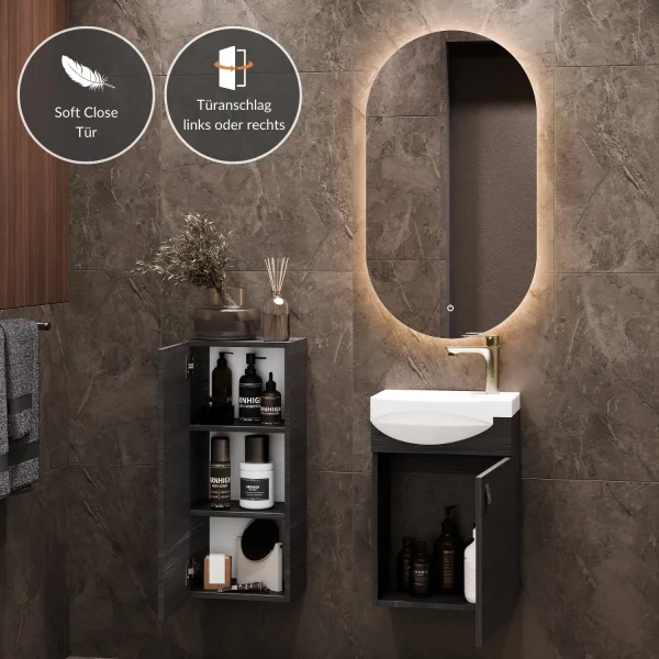Bathroom Furniture Set: 40 cm Vanity with Lighted Mirror and 1 Mid-Sized Cabinet, Anthracite