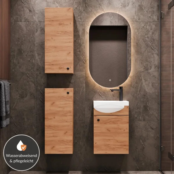 Bathroom Furniture Set: 40 cm Vanity with Lighted Mirror and 2 Mid-Sized Cabinets, Gold Oak
