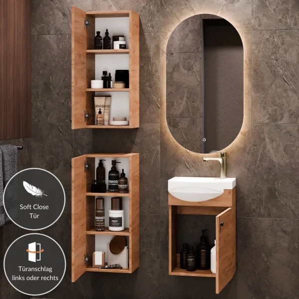 Bathroom Furniture Set: 40 cm Vanity with Lighted Mirror and 2 Mid-Sized Cabinets, Gold Oak