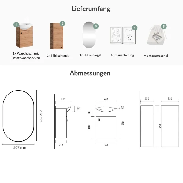 Ensemble de meubles de salle de bains comprenant un lavabo de 40 cm, un miroir de salle de bains avec éclairage et une petite armoire, chêne doré