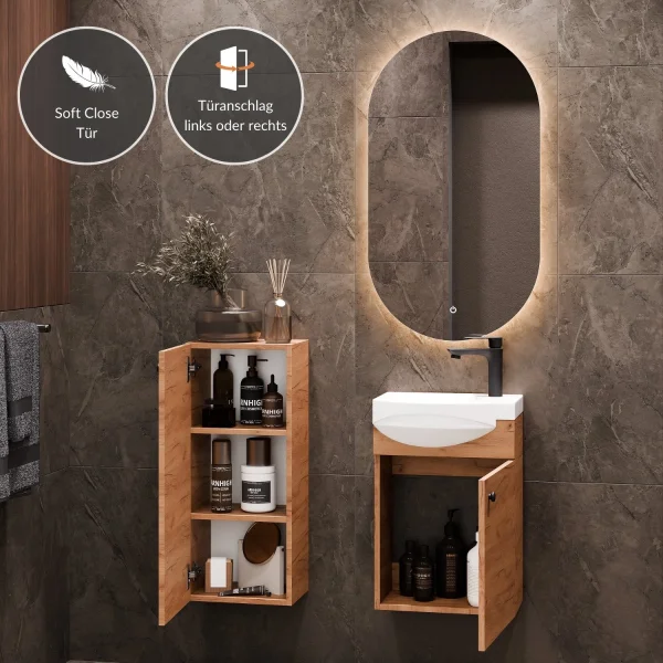 Ensemble de meubles de salle de bains comprenant un lavabo de 40 cm, un miroir de salle de bains avec éclairage et une petite armoire, chêne doré