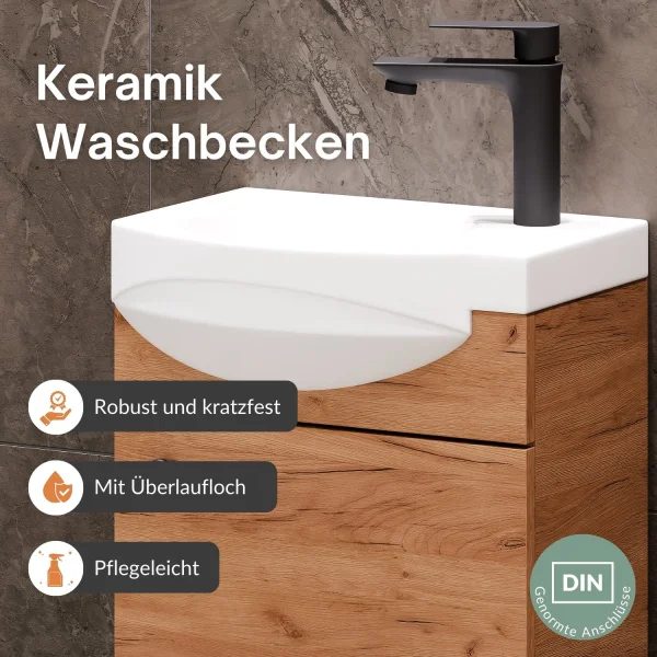 Ensemble de meubles de salle de bains comprenant un lavabo de 40 cm, un miroir de salle de bains avec éclairage et une petite armoire, chêne doré