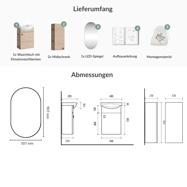 Bathroom Furniture Set: 40 cm Vanity with Lighted Mirror and 2 Mid-Sized Cabinets, Sonoma Oak