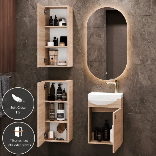 Bathroom Furniture Set: 40 cm Vanity with Lighted Mirror and 2 Mid-Sized Cabinets, Sonoma Oak