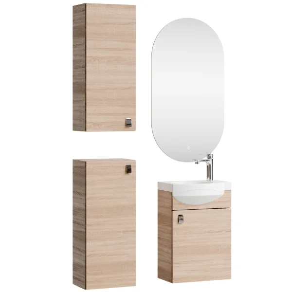 Bathroom Furniture Set: 40 cm Vanity with Lighted Mirror and 2 Mid-Sized Cabinets, Sonoma Oak