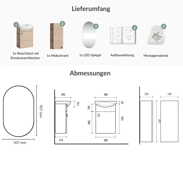 Badmöbel Set Waschtisch 40 cm mit Badspiegel mit Beleuchtung und 1x Midischrank, Sonoma Eiche