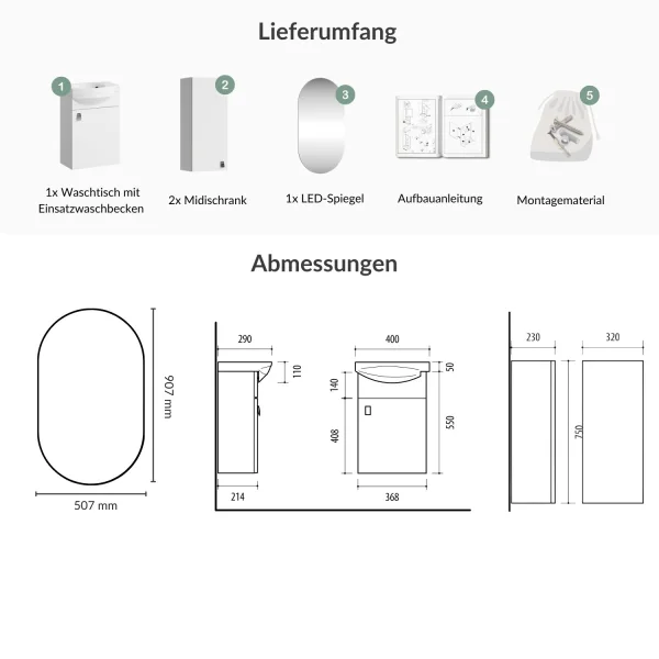 Set da bagno con lavabo da 40 cm, specchio da bagno illuminato e 2 mobiletti medi, bianco