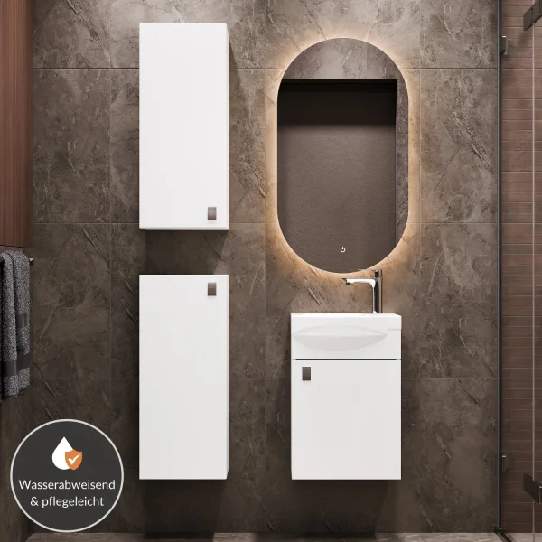 Set da bagno con lavabo da 40 cm, specchio da bagno illuminato e 2 mobiletti medi, bianco