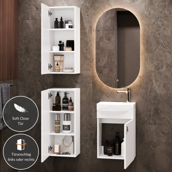 Set da bagno con lavabo da 40 cm, specchio da bagno illuminato e 2 mobiletti medi, bianco