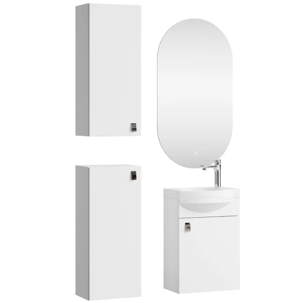 Set da bagno con lavabo da 40 cm, specchio da bagno illuminato e 2 mobiletti medi, bianco