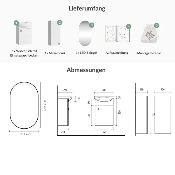 Bathroom Furniture Set: 40 cm Vanity with Lighted Mirror and 1 Mid-Sized Cabinet, White
