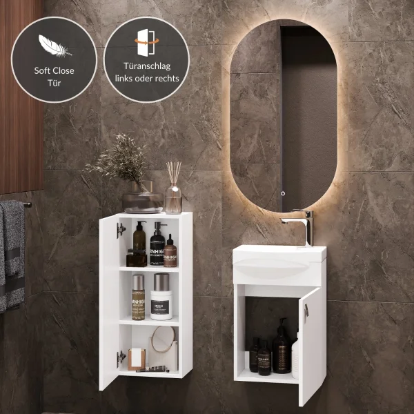 Bathroom Furniture Set: 40 cm Vanity with Lighted Mirror and 1 Mid-Sized Cabinet, White