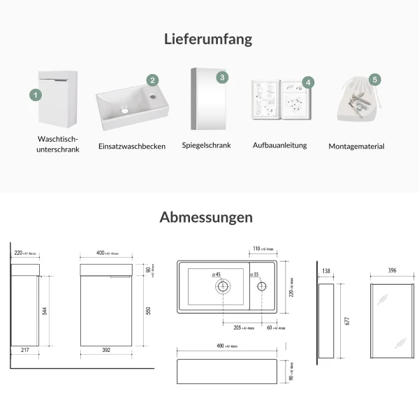 Badmöbel-Set 40cm mit Spiegelschrank (Weiß)