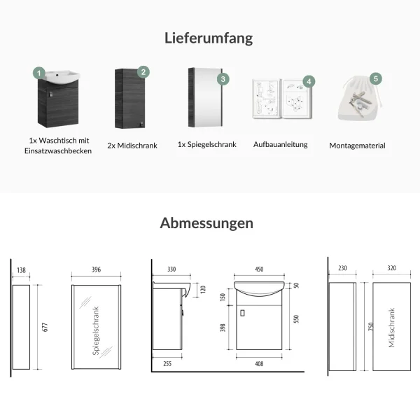 Meuble sous-lavabo de 45 cm avec armoire de toilette et 2 armoires « midi » de 32 cm (anthracite)