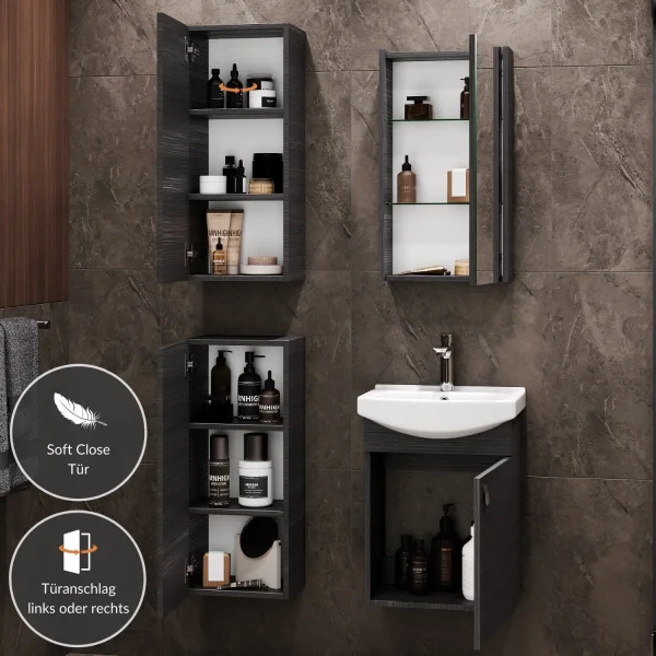 Meuble sous-lavabo de 45 cm avec armoire de toilette et 2 armoires « midi » de 32 cm (anthracite)
