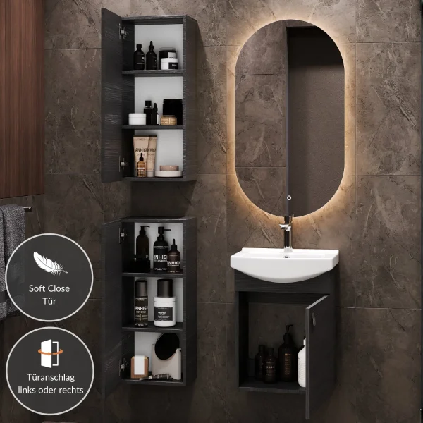 Ensemble de meubles de salle de bains : lavabo de 45 cm, miroir de salle de bains avec éclairage et 2 armoires midi, anthracite