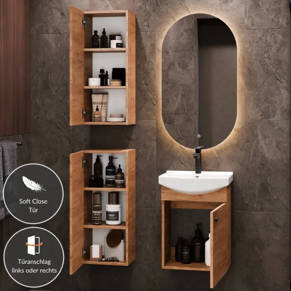 Badmöbel Set Waschtisch 45 cm mit Badspiegel mit Beleuchtung und 2x Midischrank, Gold Eiche