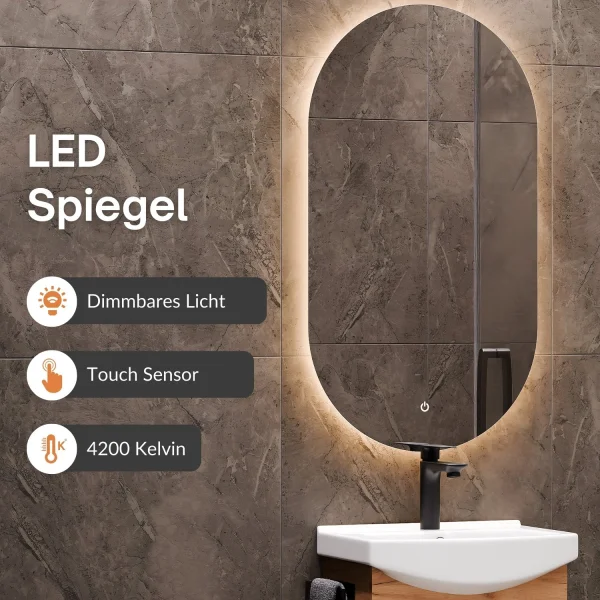 Badmöbel Set Waschtisch 45 cm mit Badspiegel mit Beleuchtung und 1x Midischrank, Gold Eiche